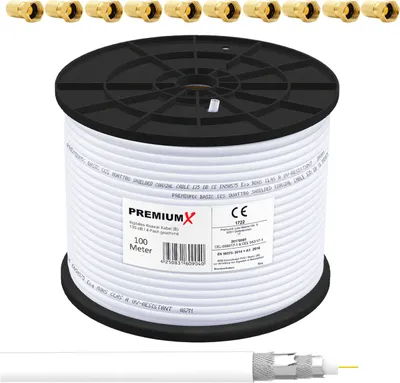 Produktbild von PremiumX 100m BASIC Koaxialkabel 135dB 4-fach SAT Antennenkabel Koax-Kabel DVB-S / S2 DVB-C DVB-T BK Anlagen RG6 Satellitenkabel 10x F-Stecker