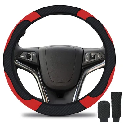 Productafbeelding van Stuurhoes set - Microvezelleer - Handremhoes - Zwart en rood - 37 tot 39 cm