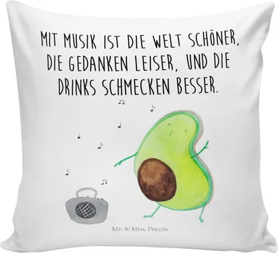 Produktbild von Mr. & Mrs. Panda Kuschelkissen Avocado Tanzen - Weiß - Geschenk, Urlaub, 40x40, Kuschel Kissen, Musik, Party, für sofa, Bedrucktes, Drinks, Polster