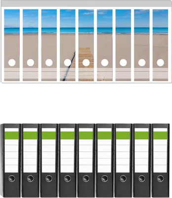Produktbild von Wallario 9 Stück breite Ordner inkl. Klebeetiketten mit Motive Auf dem Holzweg zum blauen Meer -  Set mit Rückenschildern / Ordnerrücken Stickern