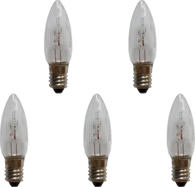 Five clear candle-shaped light bulbs with silver bases are arranged in a scattered pattern against a white background.