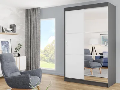 Obrázok produktu pre Zrkadlová šatníková skriňa 138 cm ROMARI - antracitová / biela