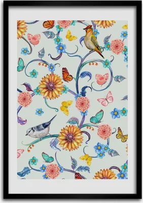 Produktbild von Bild - Bilderrahmen - 50 cm x 70 cm - MDF - Rahmen - Wandkunst Vögel Schmetterlinge Blumen