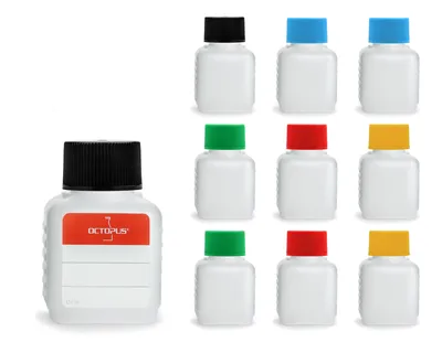 Produktbild von 10 Plastikflaschen 50 ml mit je zwei Deckeln in schwarz, blau, rot, gelb, grün (leer)