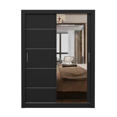 Produktbild von Schwebetürenschrank LION, Schlafzimmer, Kleiderschrank Schrank 150 cm Schwarz/Schwarz mit Spiegel, alufarbene PVC-Griffe