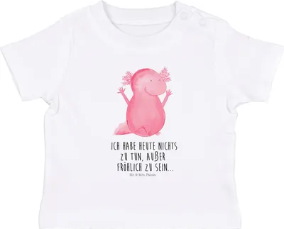 Produktbild von Mr. & Mrs. Panda  T-Shirt Axolotl Hurra 12. - 18. Monat - Weiß - Geschenk, Kinder, Baby Top, Freude, Spaß, Baumwollshirt, Zufriedenheit, Babyshirt, Schwanzlurch