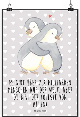 Produktbild von Mr. & Mrs. Panda Bild Pinguine Kuscheln DIN A0 - Grau Pastell - Geschenk, wanddeko, für Partner, Freundin, Posterdruck, Wanddekoration, Valentinstag, drucke, Hochzeitstag