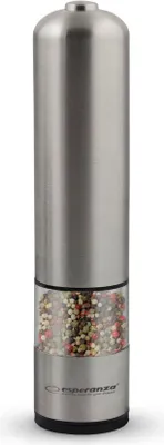 A stainless steel electric pepper grinder with a clear section showing peppercorns.