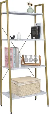 Produktbild von Happyment Bücherregal Foki – 4 Etagen – Weiß/Gold – Marble-Look – Bücherregal für Wohnzimmer, Schlafzimmer & Kinderzimmer – MDF Holz – 60x148x35cm