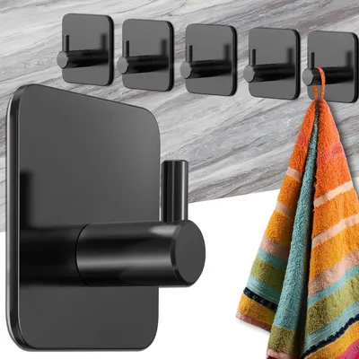 Image de Porte-serviettes sans perçage – 6 porte-serviettes de salle de bain noirs, crochets autocollants en acier inoxydable, crochets fonctionnels, crochets autocollants, crochets pour serviettes de salle de bain et de cuisine, avec bandes adhésives imperméables