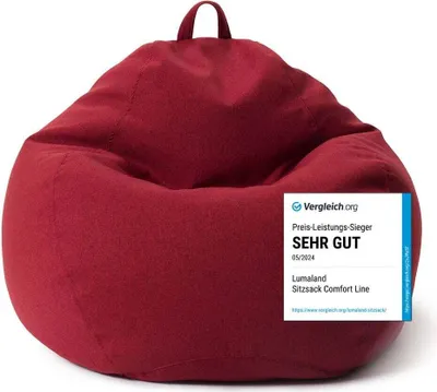 A red beanbag chair is shown against a white background with a promotional badge on its side.