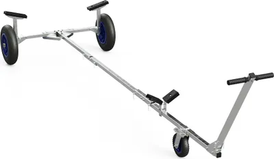 A silver boat trailer with black wheels and blue rims, shown on a white background.