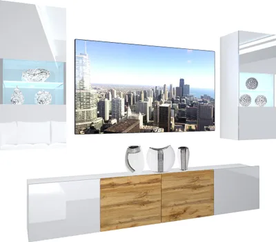 Produktbild von BELINI Wohnwand Vollausstattung Wohnzimmer-Set Moderne Schrankwand mit LED-Beleuchtung Weiß Glänzend Anbauwand TV-Schrank Weiß / Eiche Wotan Glänzend/Matt