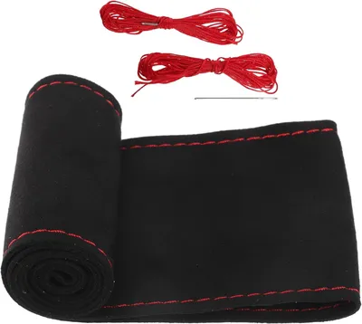 Immagine prodotto di Copertura per volante in pelle scamosciata, cucita a mano, di 38 cm, nera con cuciture rosse, per auto