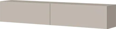 A 3D rendering of a light gray, rectangular media console with two doors.