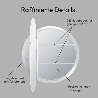 Produktbild von LED Spiegelschrank 80 cm, rund, Alukorpus silbermatt, 2 Ablagen, IP44
