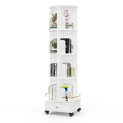 A white rotating bookshelf with four tiers and a drawer at the bottom, displayed against a white background.