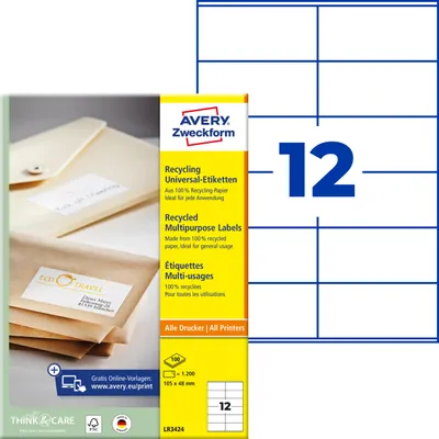 Produktbild von Avery Zweckform LR3424, Recycling Universal-Etiketten, A4, 105 x 48 mm, 1.200 Etiketten / 100 Bögen, naturweiß
