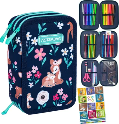 Produktbild von Federmäppchen 3 Fächer - Mäppchen für Mädchen - Federmappe 3-Fach Federtasche Gefüllte Schüleretui 46-teilig - Schulmäppchen Deer