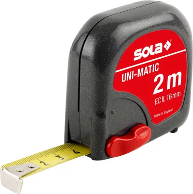 Produktbild von SOLA UNI-MATIC - Bandmaß 2m / 16mm - Taschenbandmaß mit Gürtelclip - Stahlband, gelb lackiert mit mm Skala - Genauigkeitsklasse II - Rollmeter mit beweglichem Endhaken - Metermaß Länge - 2m/16mm