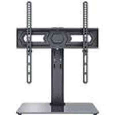 A black TV stand with a glass base, shown against a white background.