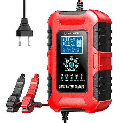 Produktbild von 12/24 V, 10A/5A Batterieladegerät vollautomatisch LCD-Bildschirm Temperaturkompensation Erhaltungsladung intelligentes Ladegerät für Auto Motorrad