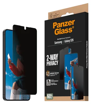 Obrázek produktu pro PanzerGlass ® 2-Way Privacy Screen Protector Samsung Galaxy S26 | Ultra-Wide Fit w. EasyAligner, Samsung, Samsung - Galaxy S26, Aplikace nasucho, Odolné proti poškrábání, Odolný proti nárazům, Průhledná, 1 kusů