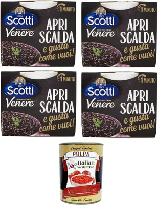 Produktbild von Riso Scotti, Riso Venere Apri, scalda e gusta come vuoi Venere-Reis Öffnen, erhitzen und nach Belieben genießen 4x200gr + Italian Gourmet polpa 400g