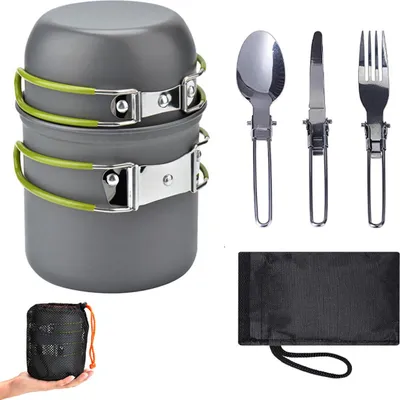 Produktbild von Camping Kochgeschirr Set, Camping Topf aus Aluminium, Outdoor Kochgeschirr mit Faltbare Besteck, Campinggeschirr 2 Personen, Camping Geschirr(Grün)