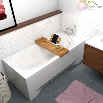Produktbild von ECOLAM Badewanne Wanne Rechteck G-Polimat Acryl weiß 140x70 cm + Ablage Bambus + Schürze Ablaufgarnitur Ab- und Überlauf Automatik Füße Silikon