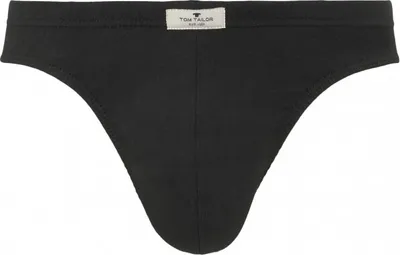 A black men's brief with a white label on the waistband.