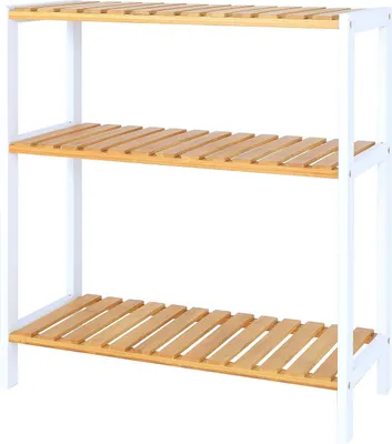 Produktbild von dibea Schuhregal Bambus, robust & nachhaltig, platzsparend & pflegeleicht für Flur & Bad, 3 Ablageflächen, 60x26x66 cm, natur/weiß