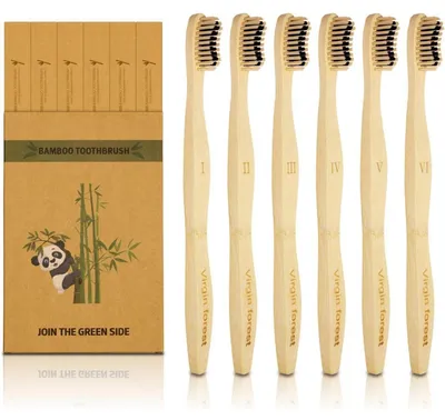 Productafbeelding van Set van 6 bamboe tandenborstels met zachte borstels en houten handvat, milieuvriendelijk