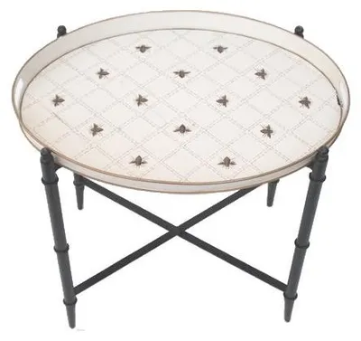 Image de Table d'appoint Meander avec plateau en bois, couleur crème, avec motifs de petites abeilles, dimensions : 62 x 47 x 57 cm