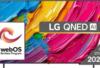 A television screen displaying a colorful abstract image, with marketing overlays for LG QNED AI and webOS Re:New Program.