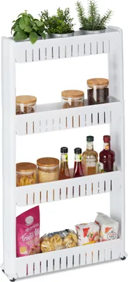 Image de Étagère de niche Relaxdays, 4 tablettes, étagère de niche étroite pour salle de bains et cuisine, L x P x H : 101 x 12,5 x 54 cm, étagère à roulettes en plastique, blanche