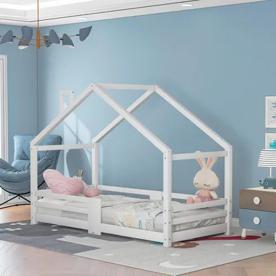 Immagine prodotto di MODFU Lettino per bambini a forma di casetta con camino, letto basso senza materasso (legno massello di pino), 90×200 cm, bianco o grigio