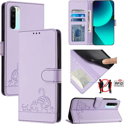 Produktbild von Leder Hülle für Xiaomi Redmi Note 8 Süße Katze Flip Case Brieftasche Schutzhülle mit Standfunktion Lila