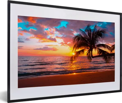 Produktbild von MuchoWow® Gerahmtes Poster Palme - Sonnenuntergang - Strand - Meer - Horizont 60x40 cm - Poster mit Schwarzem Bilderrahmen Wandposter Rahmen Foto Bilder - Schlafzimmer - Plakat in Rahmen - Drucken