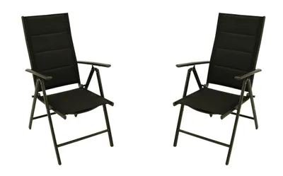 Two black folding chairs are shown against a white background.