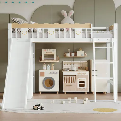 Productafbeelding van STILVORA hoogslaper kinderbed 90x200 met glijbaan, houten bed met geïntegreerde garderobe en opbergkast, bedframe met rondom een spijlen, zonder matras, wit + naturel