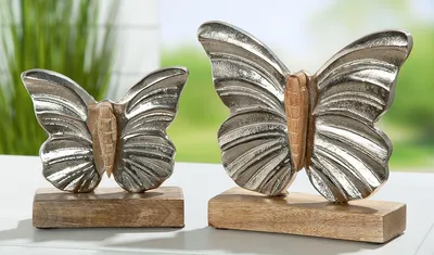 Produktbild von GILDE Standrelief, " Sino", Schmetterlingmotiv, Aluminium, Mangoholz, silberfarben, , L. 6,5 cm, B. 14 cm, H. 13 cm 41850