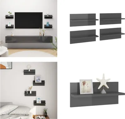 Produktbild von vidaXL Wandregale 4 Stk. Hochglanz Grau 40x11,5x18 cm - Wandregal - Wandregale - Wandablage - Wandablagen