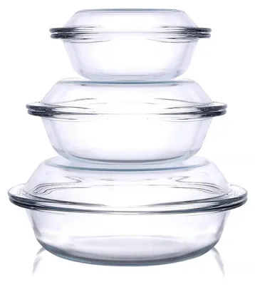 Immagine prodotto di Set di contenitori per sformati, 6 pezzi, in vetro temperato, forma rotonda, capacità: 0,5L, 1L, 1,8L, con coperchio. Adatti per forno, congelatore e lavastoviglie. Trasparente