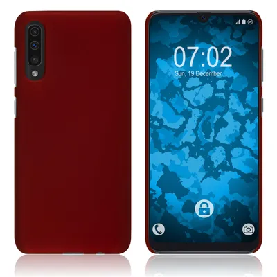 A red phone case shown from the back and a smartphone with a blue abstract wallpaper on the screen.