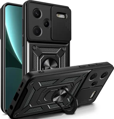 A black smartphone case with a camera cover and a ring holder is shown from multiple angles against a white background.