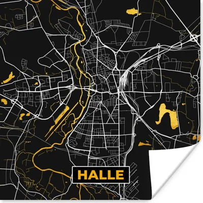 Produktbild von MuchoWow® Poster Halle - Stadtplan - Gold - Karte - Deutschland 100x100 cm - Babyzimmer
