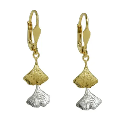 Produktbild von Ohrbrisur Ohrhänger Ohrringe 34x9mm Ginkgo-Blatt bicolor 9Kt GOLD gold 34x9mm