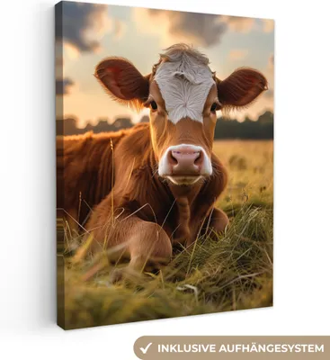 Produktbild von MuchoWow® - Leinwandbilder - Kuh - Tier - Wiese - Gras - Tiere - Natur, Wandbild, Wanddeko Bilder Wohnzimmer, 60x80 cm