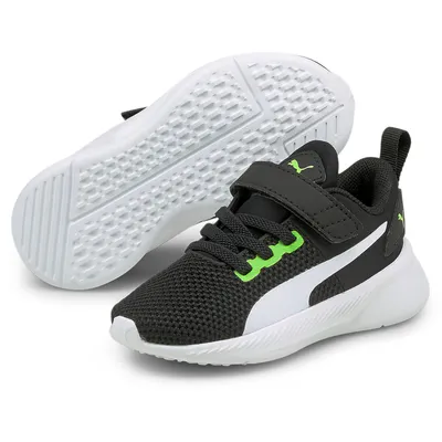 A pair of black Puma running shoes with white and green accents, shown from a slightly elevated angle.